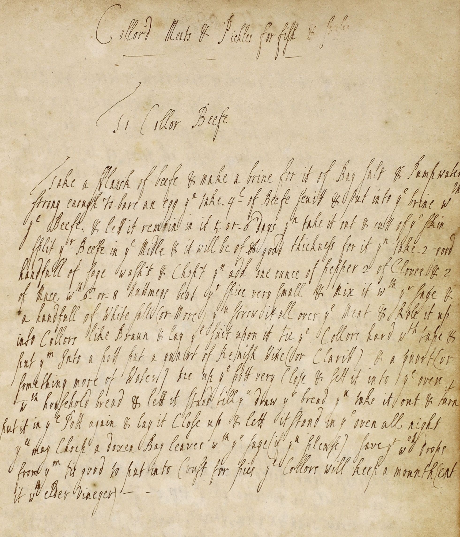 Early Eighteenth Century Manuscript Cookery. 'Eliz. Wood Her Booke. 1708'. 96pp. used (of 270), in a closely written hand, a contemp. panelled calf volume, med. 8vo.; Details some 190 'receipts' of main courses, desserts